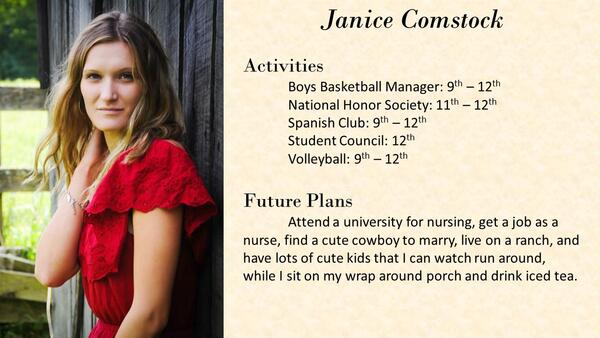 Janice Comstock school photo and biography